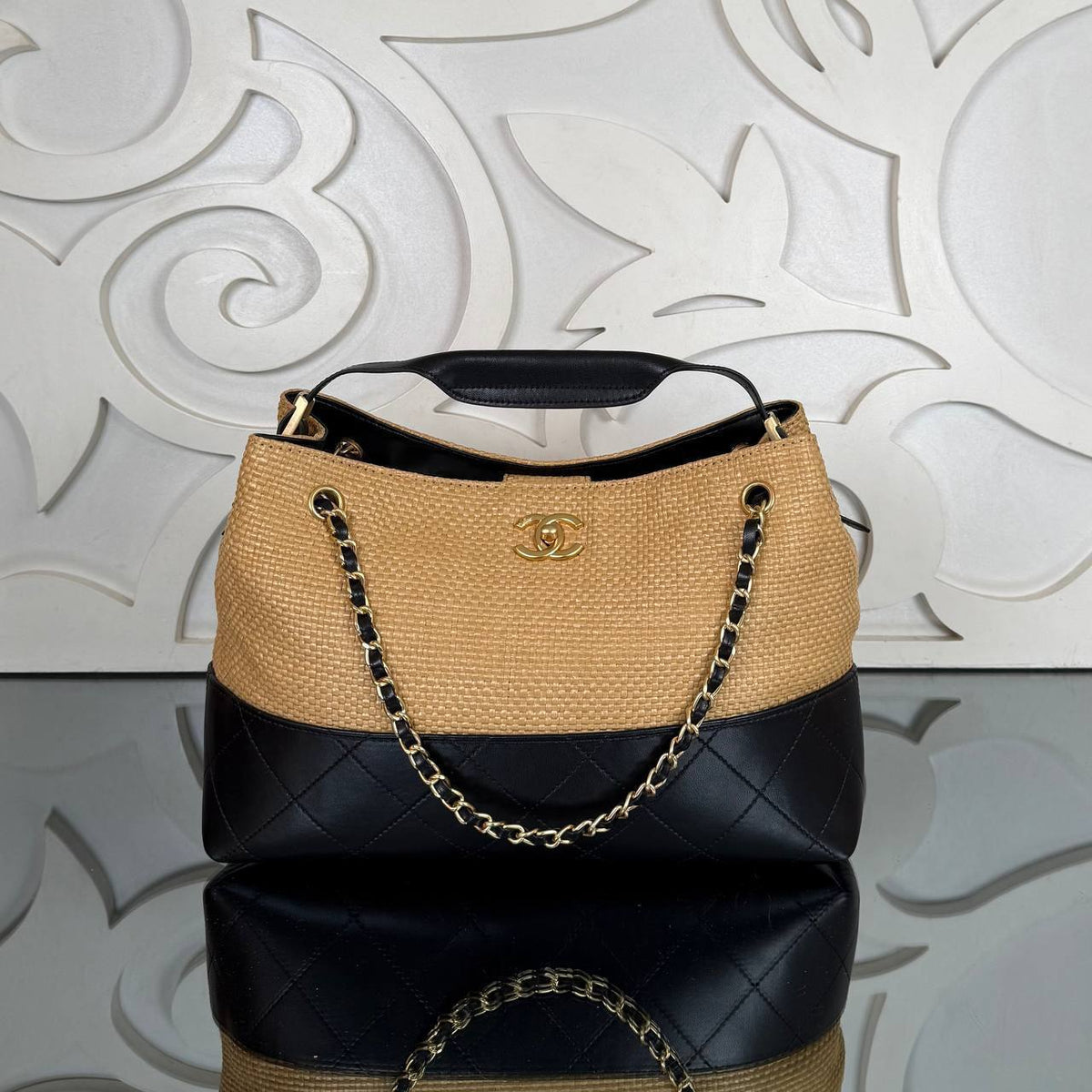 CHANEL - Beige & Black Bucket Bag